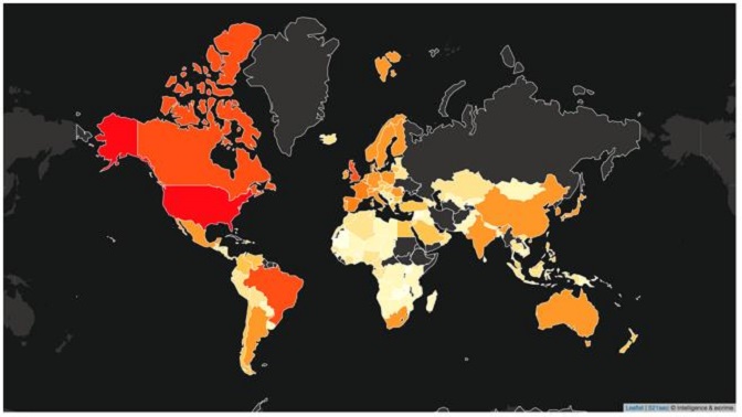 Distribución geográfica de las tarjetas de crédito recuperadas por S21sec según su país de emisión